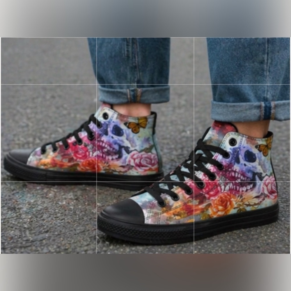 RAAD SKULL BUTTERFLY Emerald Blossoms W9 M7.5 High Top Sneakers WATERCOLOR GOTH